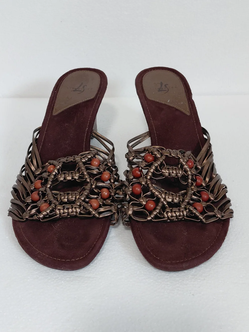 Women's Burgundy Wedge Sandals with Braided Metallic Straps